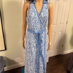 Diane Von Furstenberg Blue and White Patterned Wrap Dress